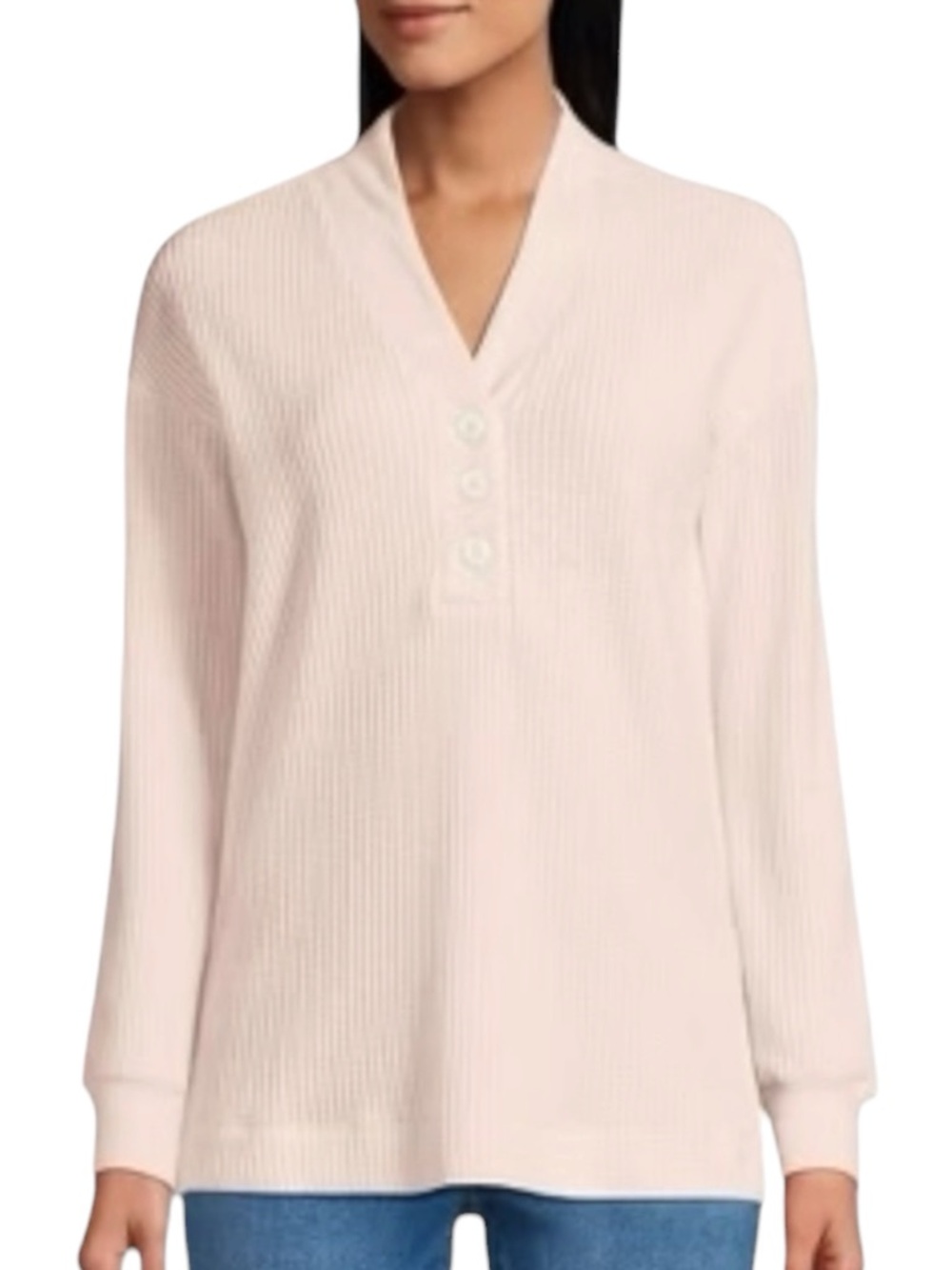 Lands’ End Women's Long Sleeve Waffle Shawl Collar Henley Blossom Heather XL New